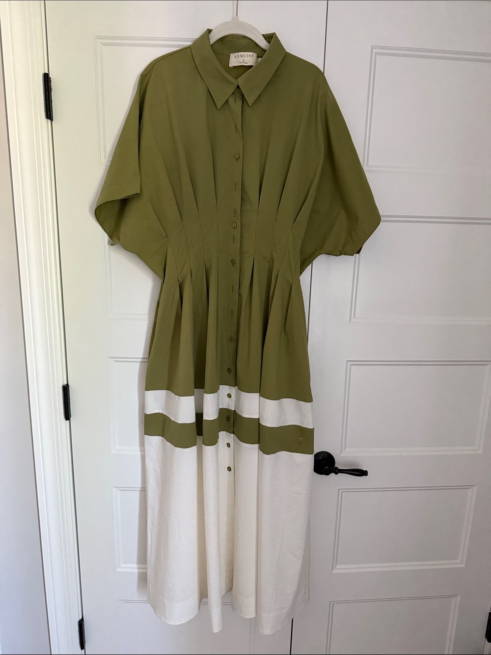 Anthropologie Olive and White Button-Front Pleated Maxi Dress